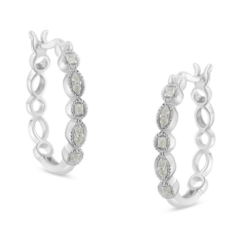 Silver 1/6 Ct Diamond Milgrain Hoop Earring