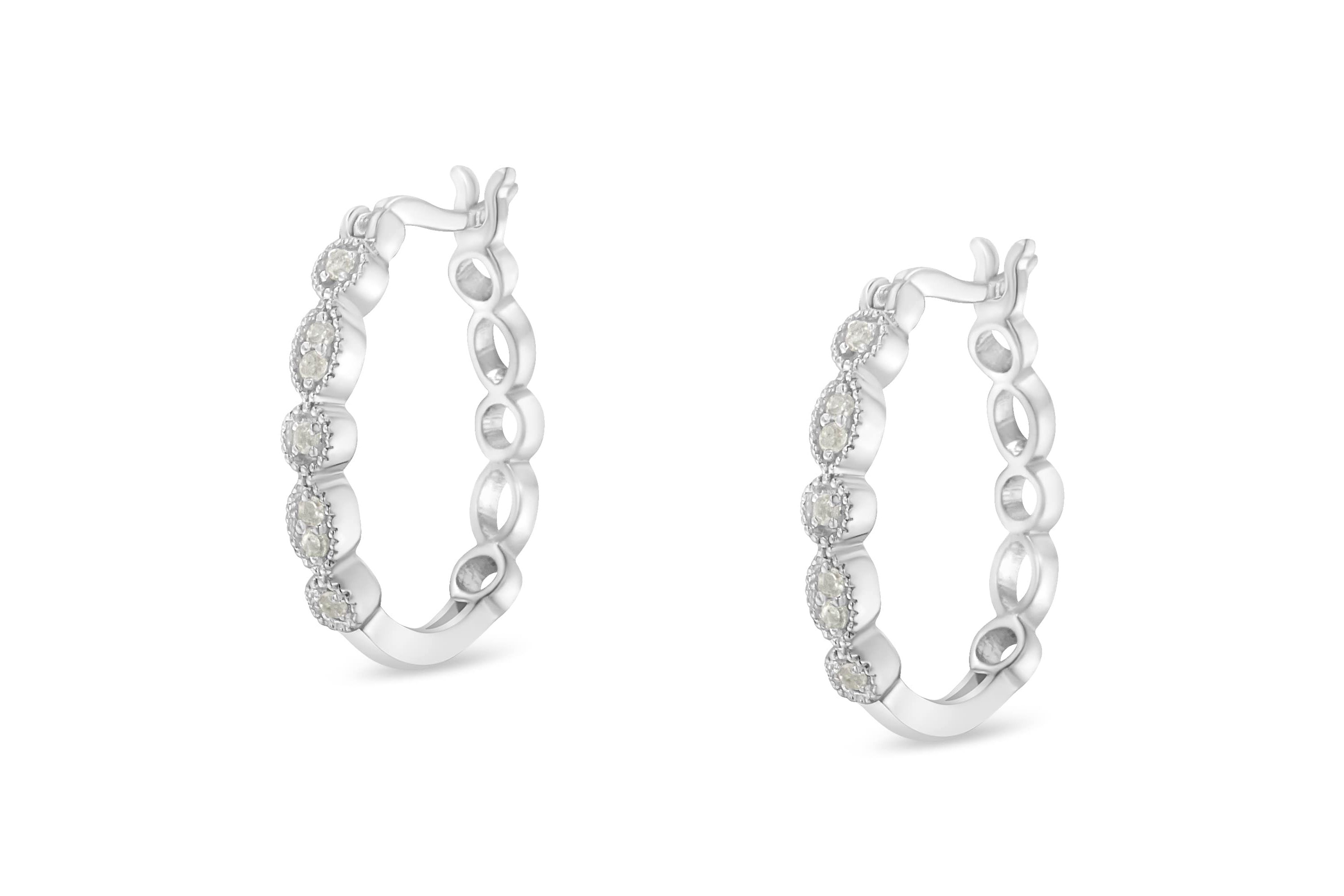 Silver 1/6 Ct Diamond Milgrain Hoop Earring