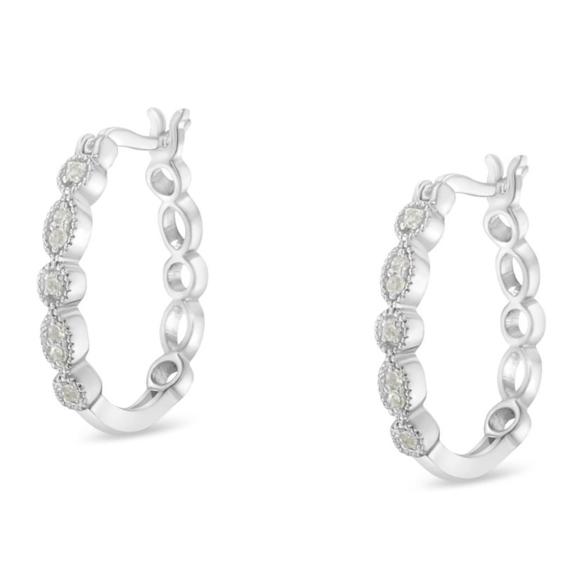 Silver 1/6 Ct Diamond Milgrain Hoop Earring