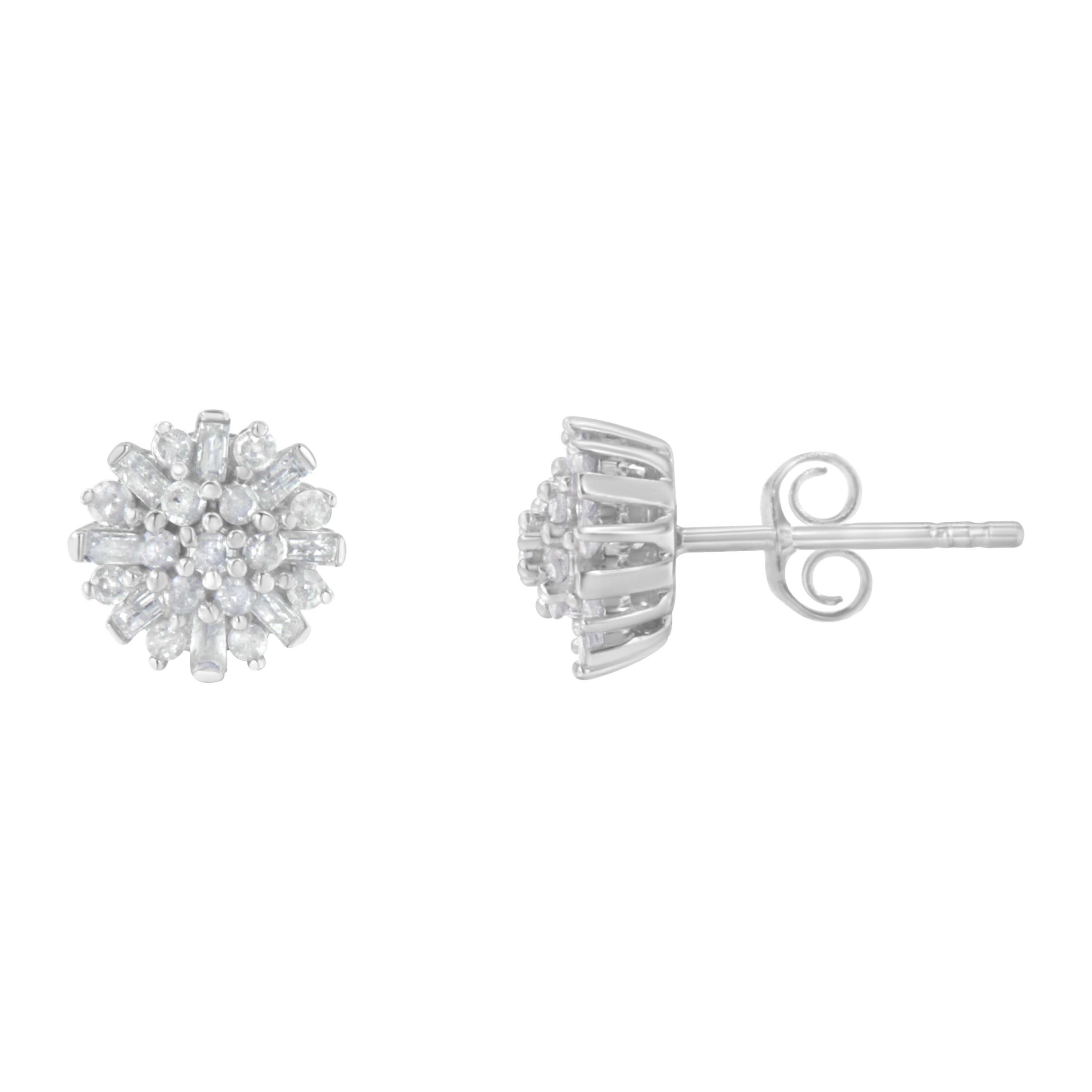 Silver 1/2 Round and Baguette Diamond Sunburst Floral Cluster Stud Earrings