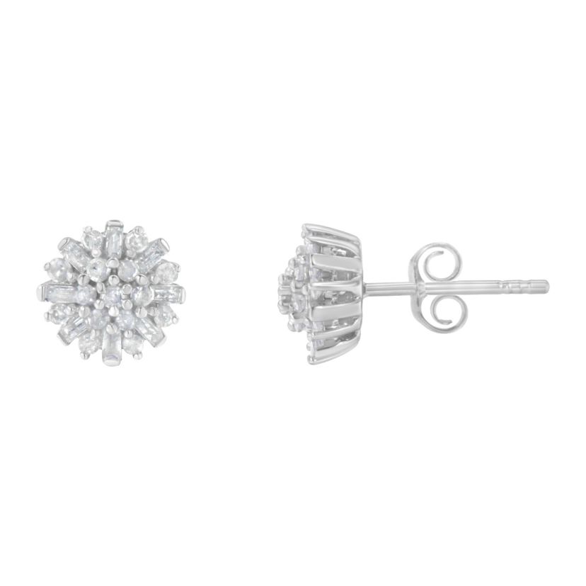 Silver 1/2 Round and Baguette Diamond Sunburst Floral Cluster Stud Earrings