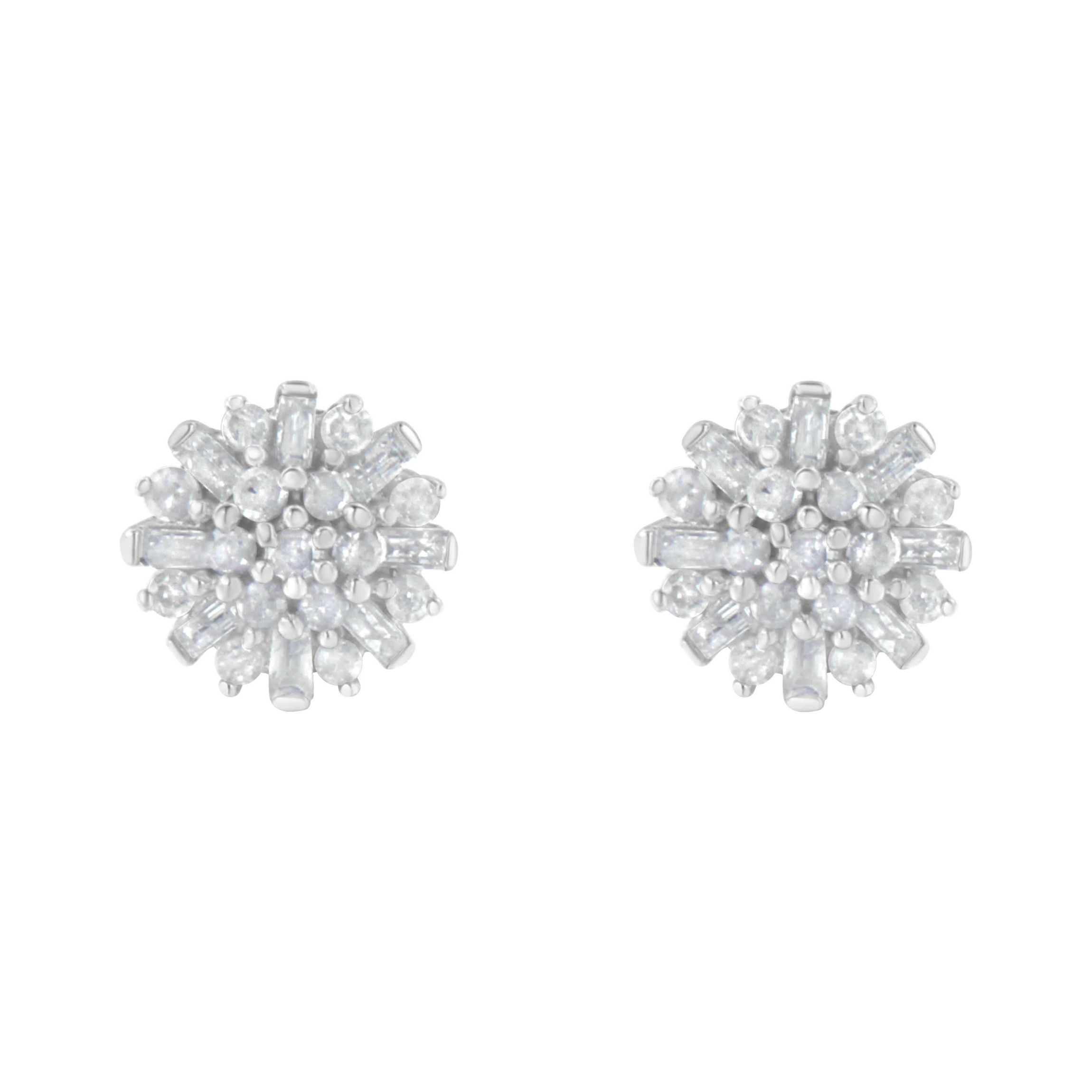 Silver 1/2 Round and Baguette Diamond Sunburst Floral Cluster Stud Earrings