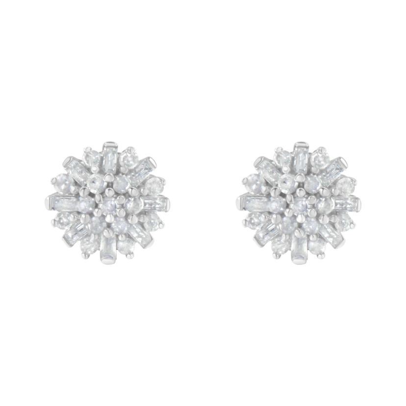 Silver 1/2 Round and Baguette Diamond Sunburst Floral Cluster Stud Earrings