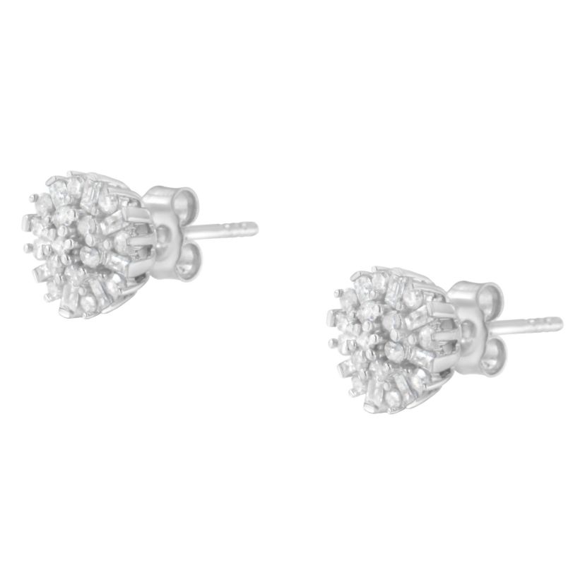 Silver 1/2 Round and Baguette Diamond Sunburst Floral Cluster Stud Earrings