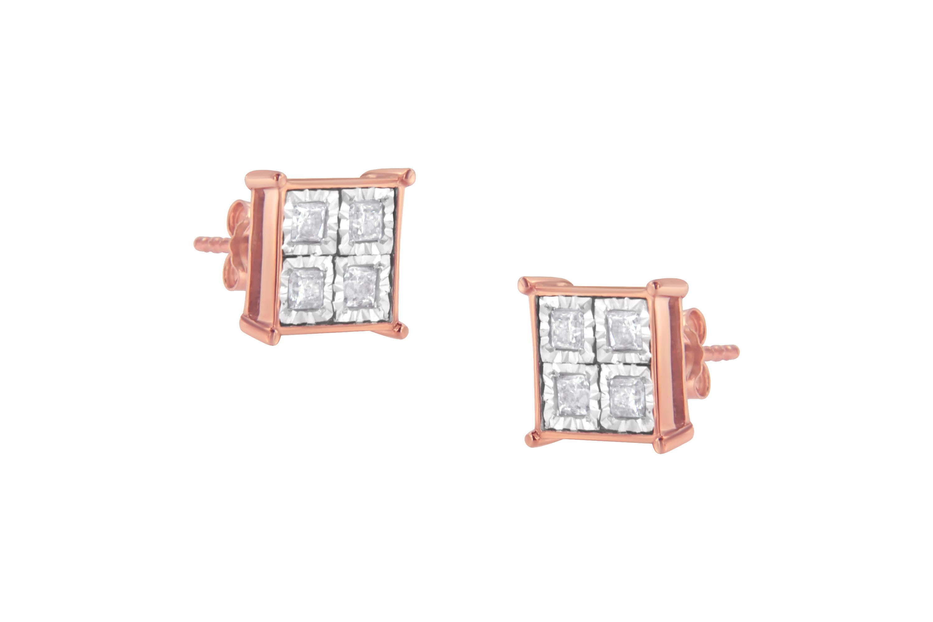 Rose Gold Plated Sterling Silver Diamond Composite Stud Earrings