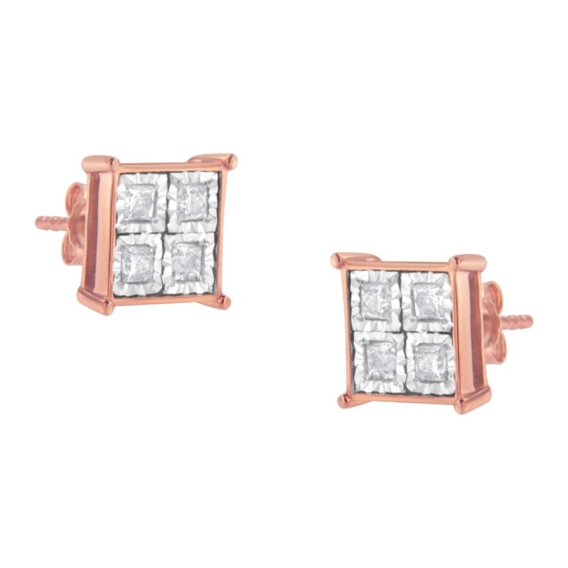Rose Gold Plated Sterling Silver Diamond Composite Stud Earrings