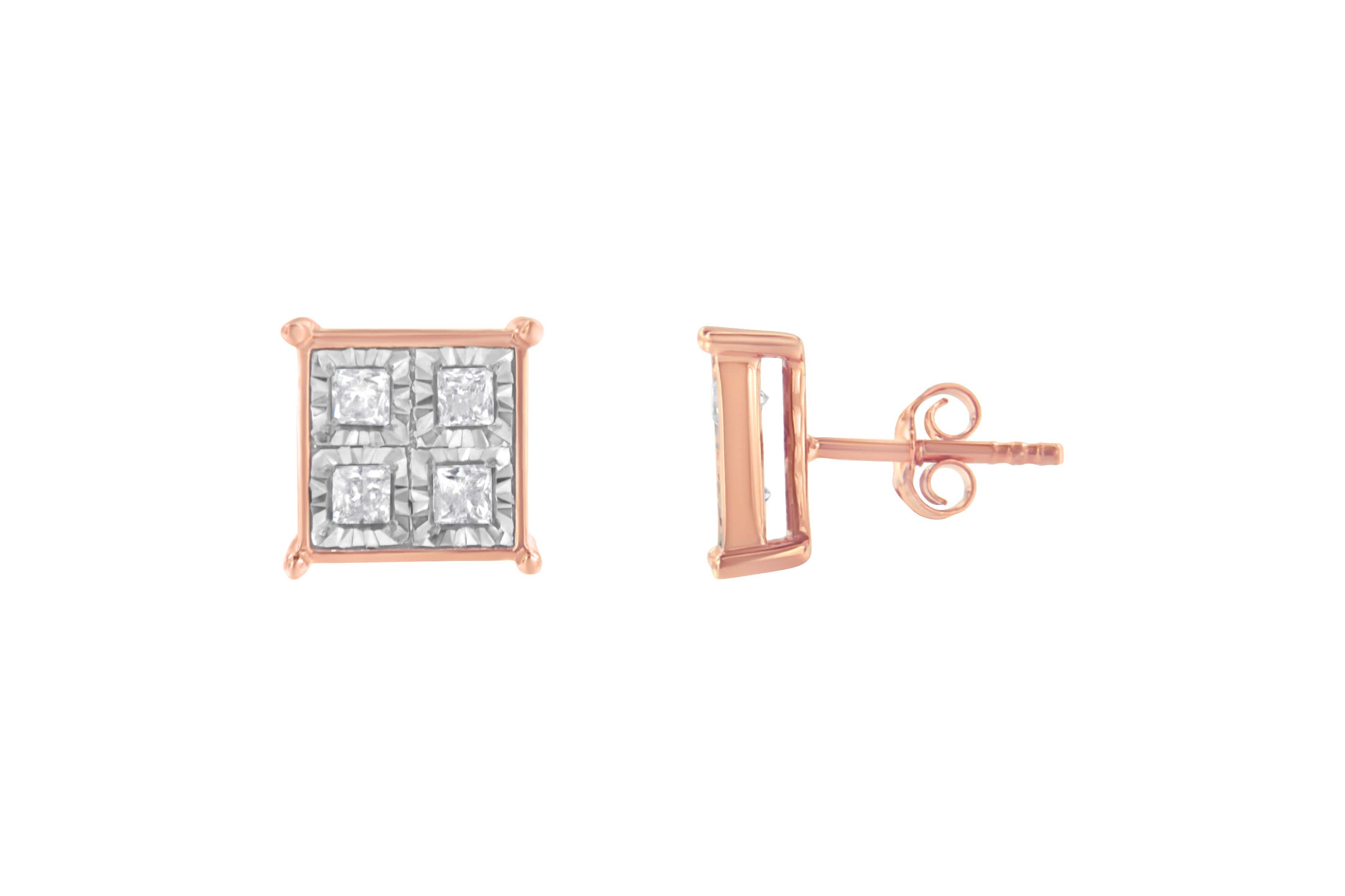 Rose Gold Plated Sterling Silver Diamond Composite Stud Earrings