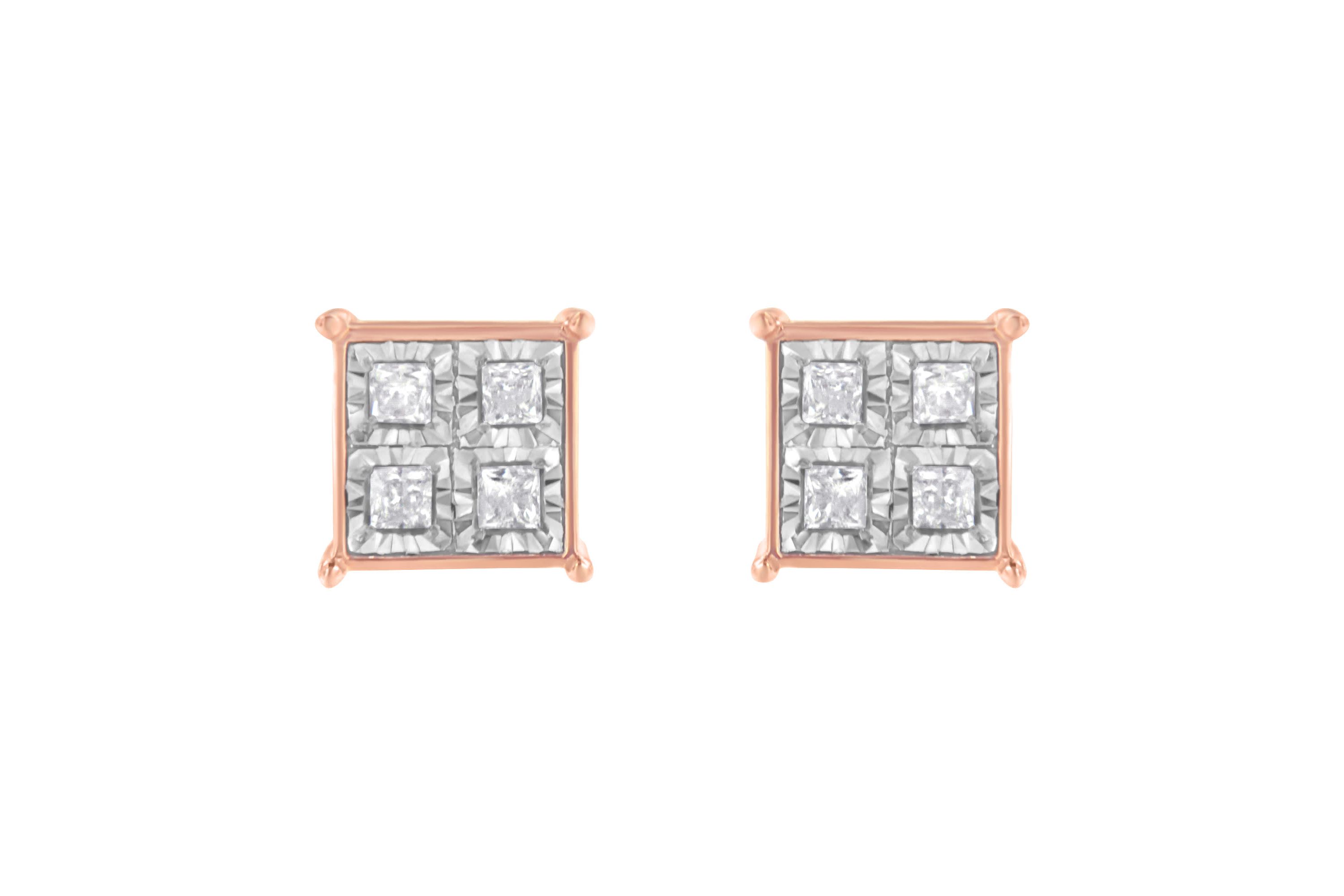 Rose Gold Plated Sterling Silver Diamond Composite Stud Earrings