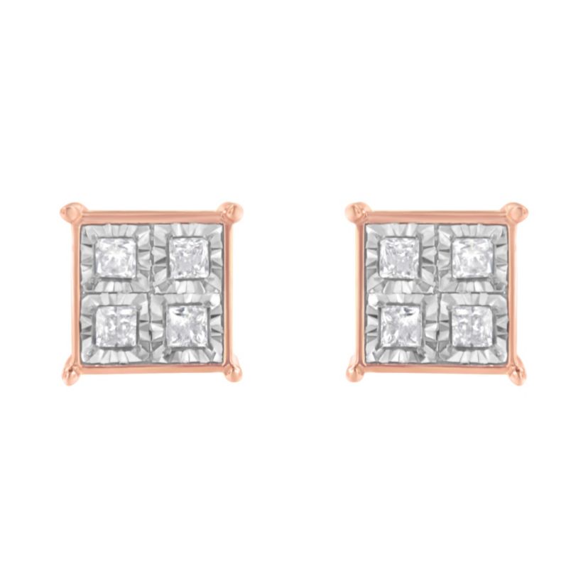 Rose Gold Plated Sterling Silver Diamond Composite Stud Earrings