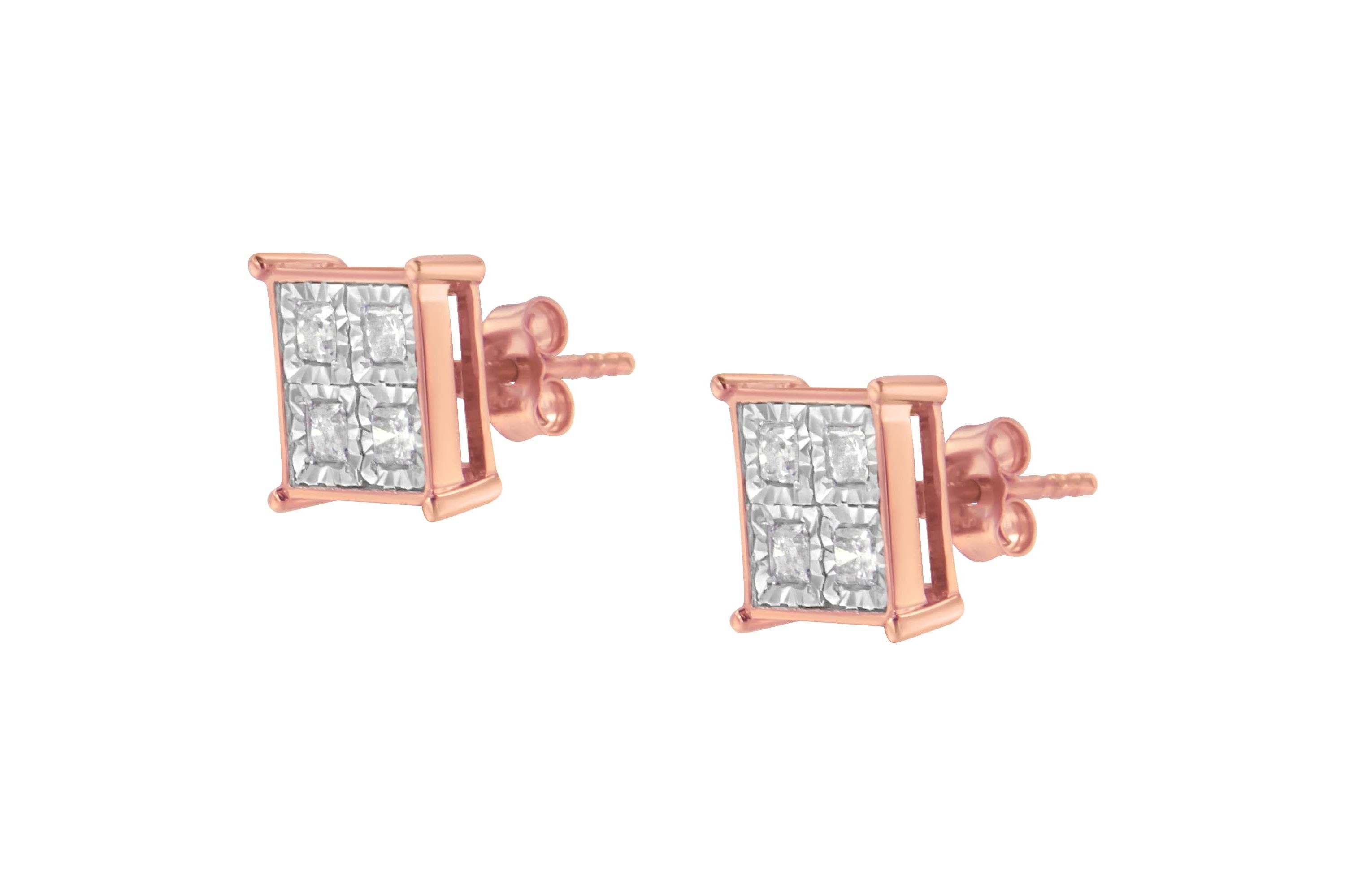 Rose Gold Plated Sterling Silver Diamond Composite Stud Earrings