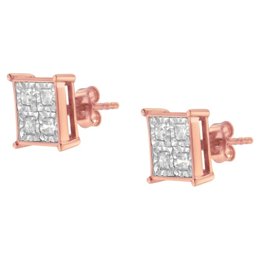 Rose Gold Plated Sterling Silver Diamond Composite Stud Earrings
