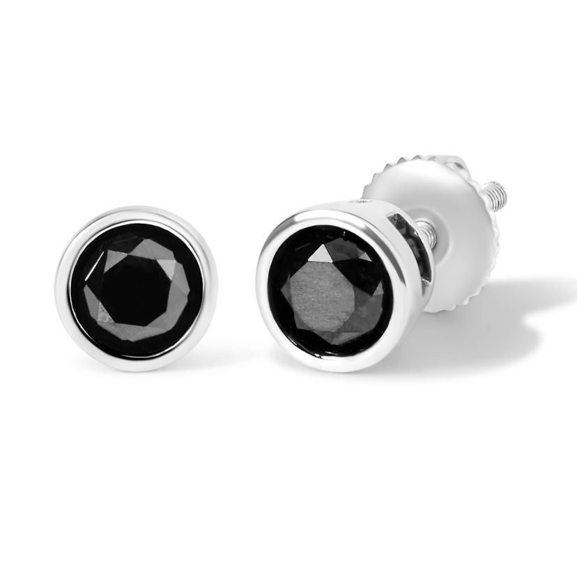 Silver 4.00 Ct Black Diamond Bezel- Stud Earrings with Screw Backs