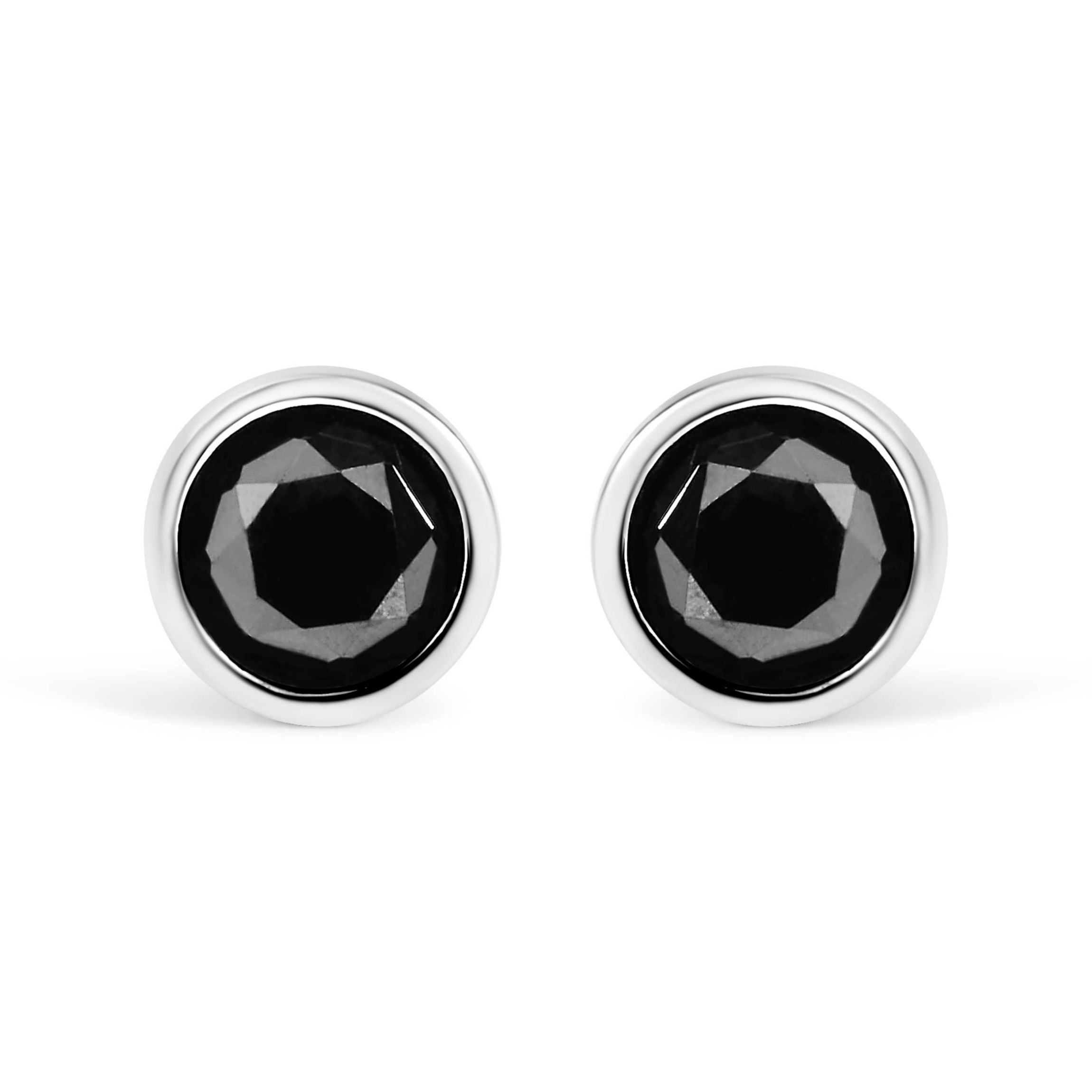 Silver 1.00 Ct Black Diamond Bezel- Stud Earrings with Screw Backs