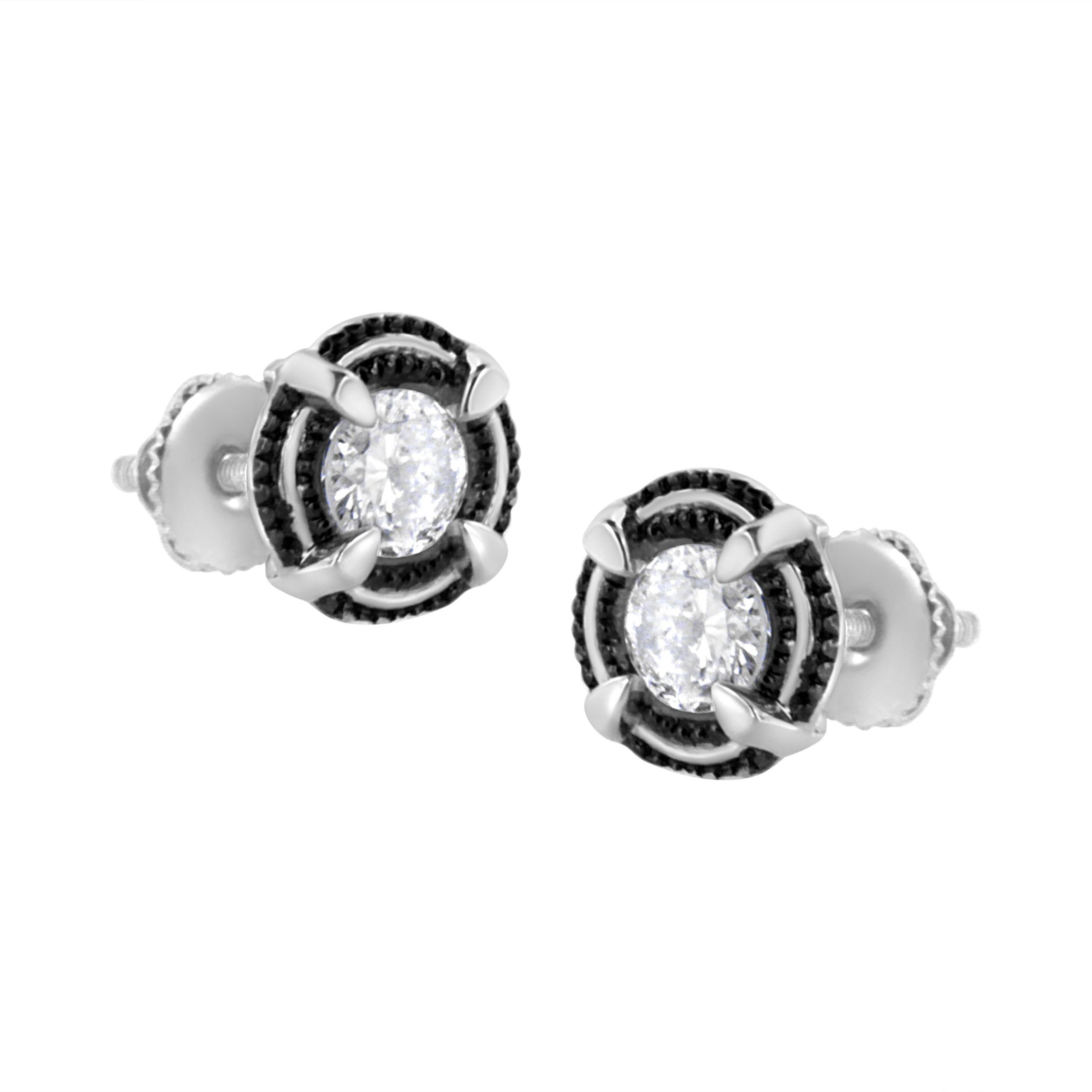 Black Rhodium and Silver 1-1/2 Ct Double Halo Solitaire Milgrain Stud Earrings
