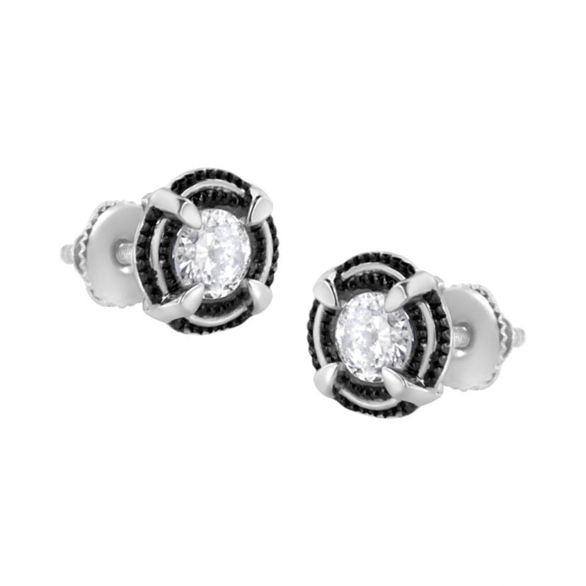 Black Rhodium and Silver 1-1/2 Ct Double Halo Solitaire Milgrain Stud Earrings