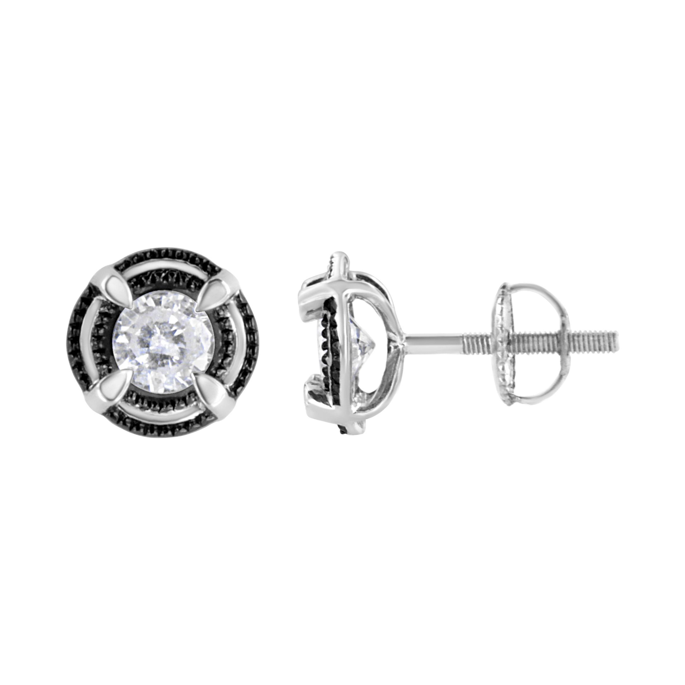 Black Rhodium and Silver 1-1/2 Ct Double Halo Solitaire Milgrain Stud Earrings