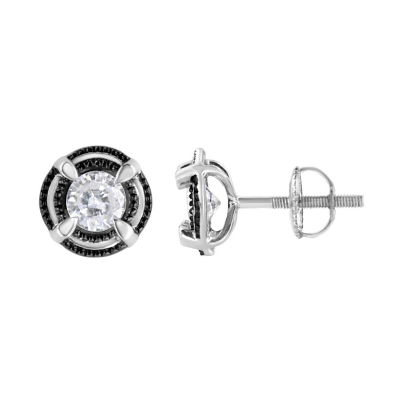 Black Rhodium and Silver 1-1/2 Ct Double Halo Solitaire Milgrain Stud Earrings