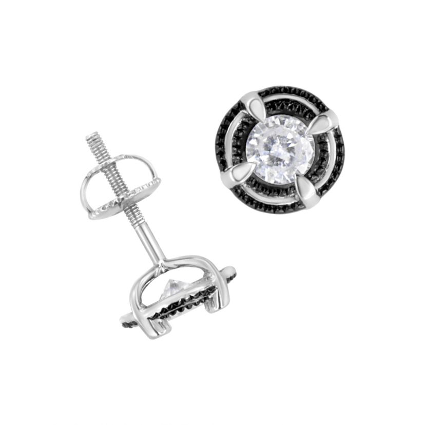 Black Rhodium and Silver 1-1/2 Ct Double Halo Solitaire Milgrain Stud Earrings