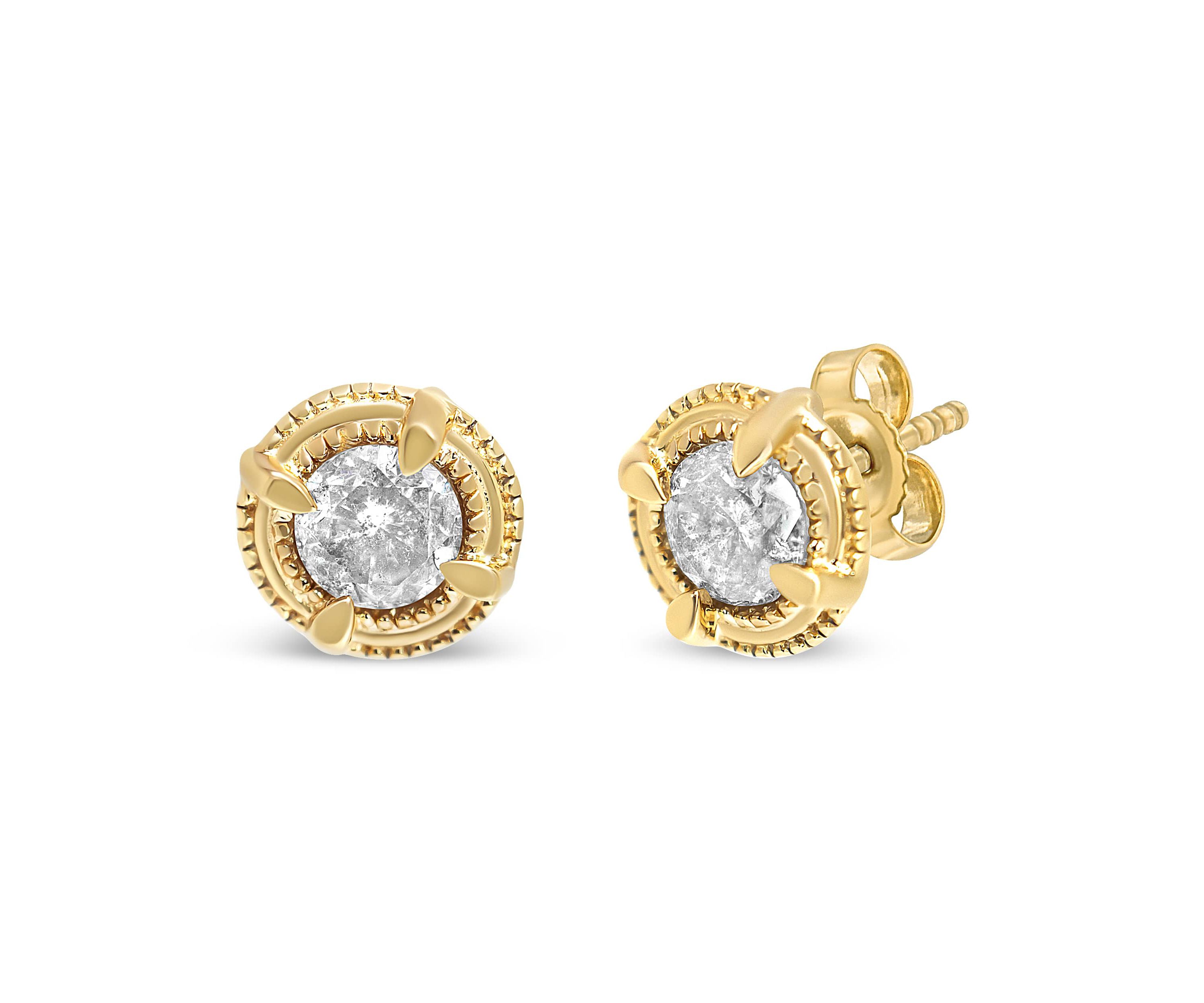 14K Yellow Gold Plated Silver 1-1/2 Ct Diamond Solitaire Milgrain Stud Earrings