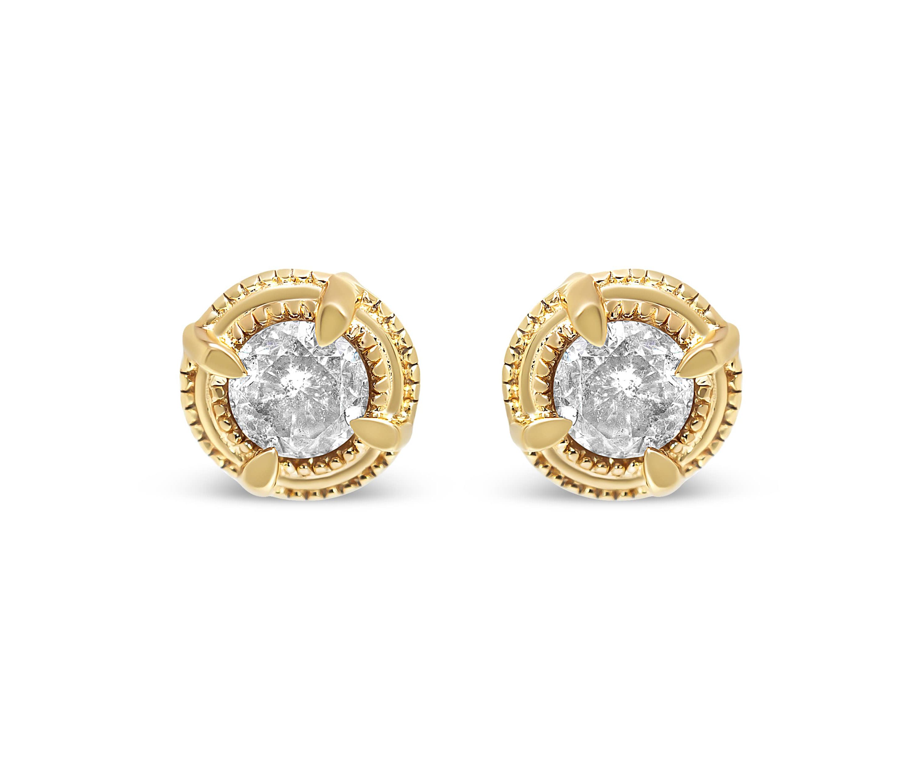 14K Yellow Gold Plated Silver 1-1/2 Ct Diamond Solitaire Milgrain Stud Earrings