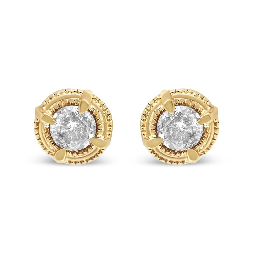 14K Yellow Gold Plated Silver 1-1/2 Ct Diamond Solitaire Milgrain Stud Earrings