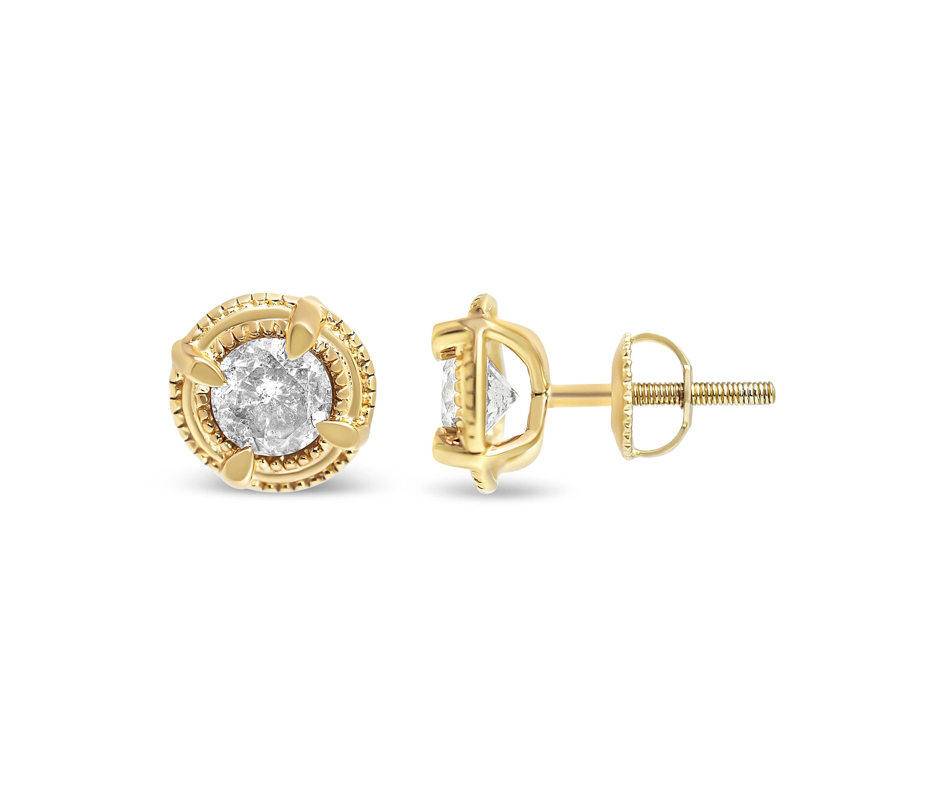 14K Yellow Gold Plated Silver 1-1/2 Ct Diamond Solitaire Milgrain Stud Earrings