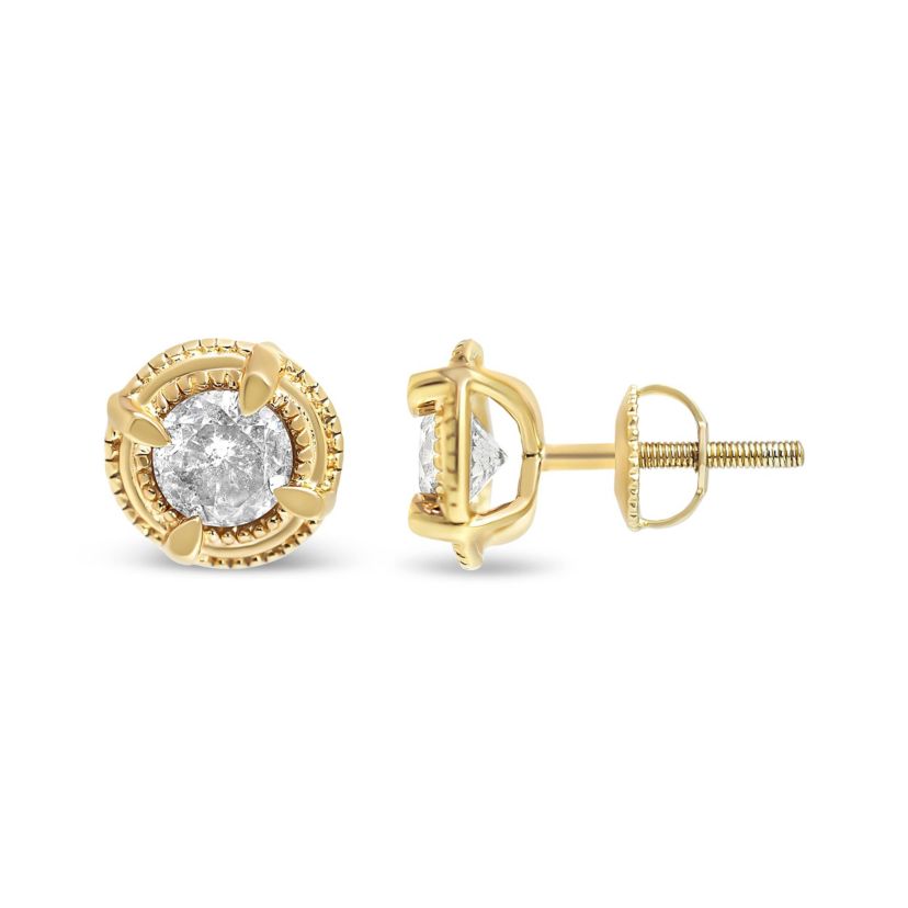 14K Yellow Gold Plated Silver 1-1/2 Ct Diamond Solitaire Milgrain Stud Earrings
