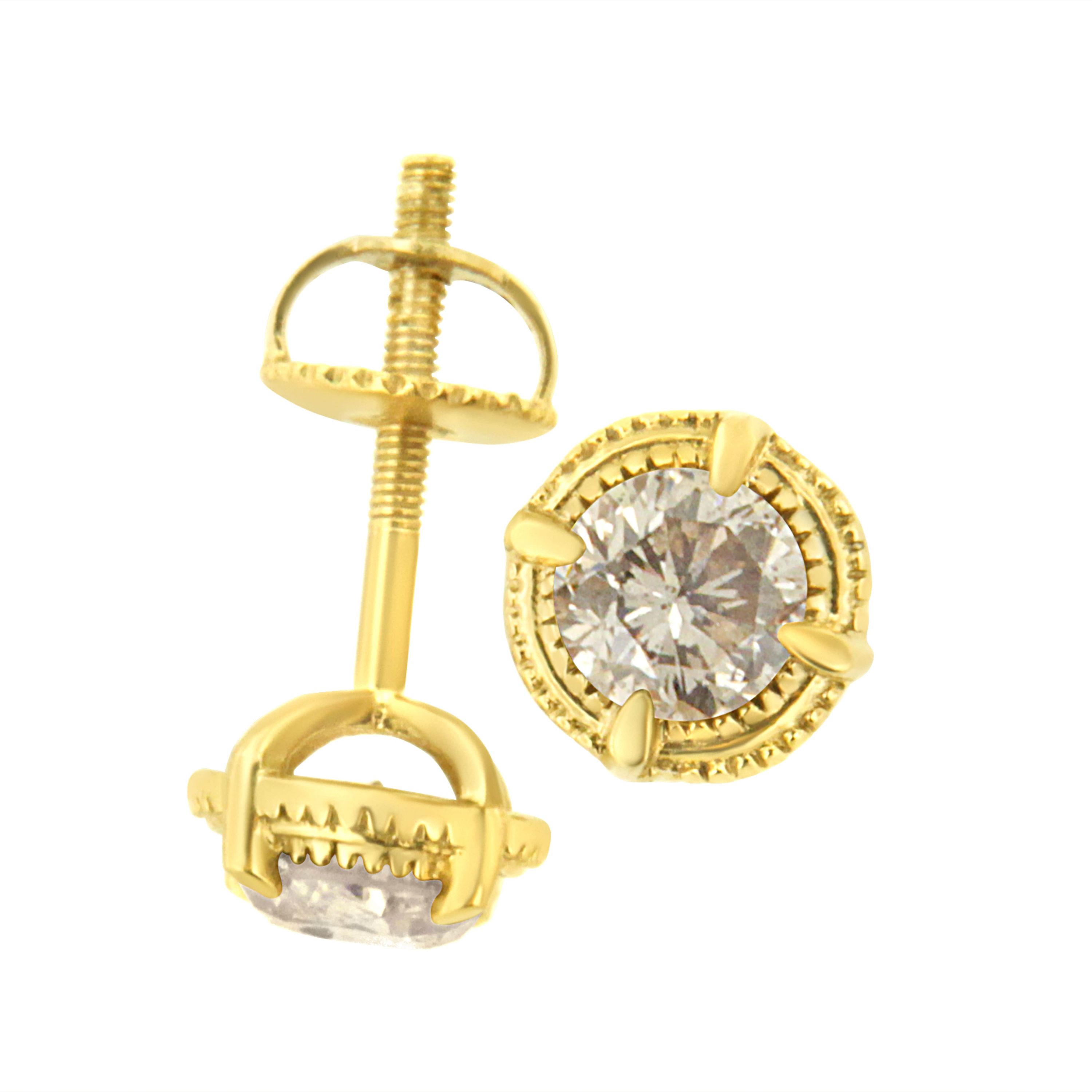 14K Yellow Gold Plated Silver 1-1/2 Ct Diamond Solitaire Milgrain Stud Earrings