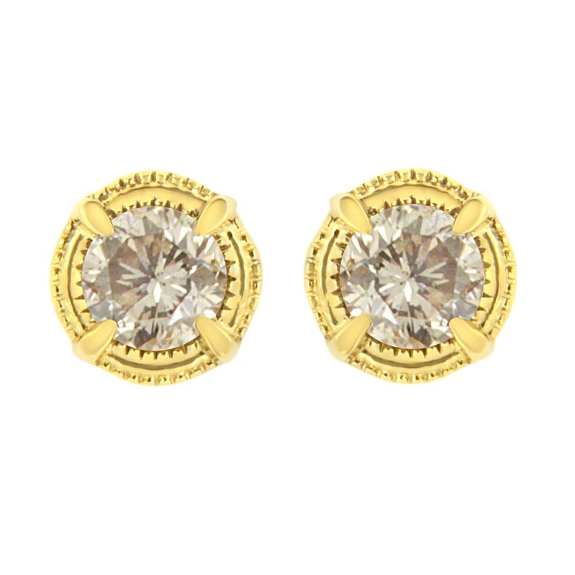 14K Yellow Gold Plated Silver 3/8 Ct Diamond Solitaire Milgrain Stud Earrings