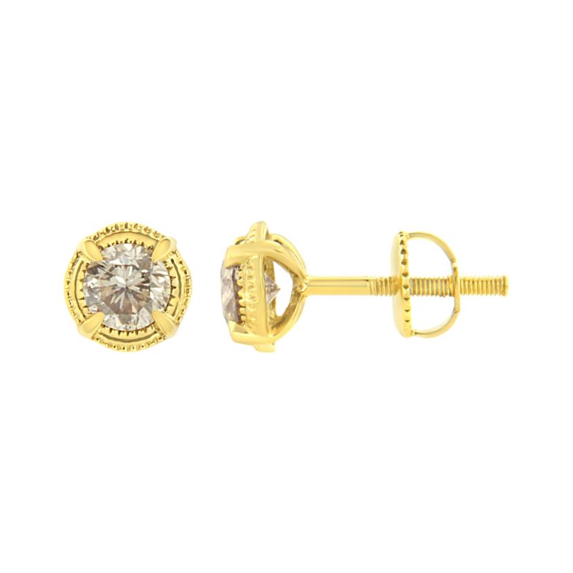 14K Yellow Gold Plated Silver 3/8 Ct Diamond Solitaire Milgrain Stud Earrings