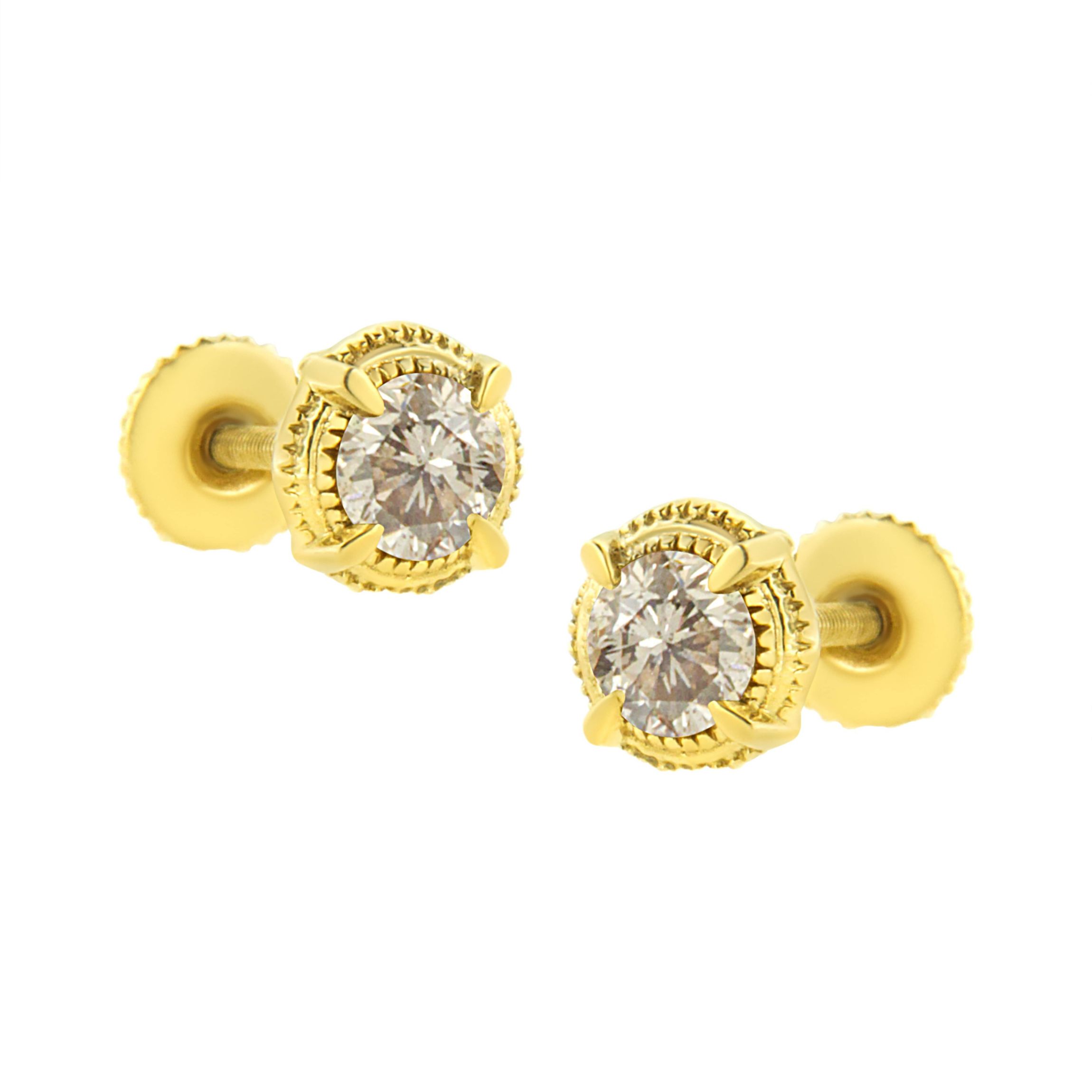 14K Yellow Gold Plated Silver 3/8 Ct Diamond Solitaire Milgrain Stud Earrings
