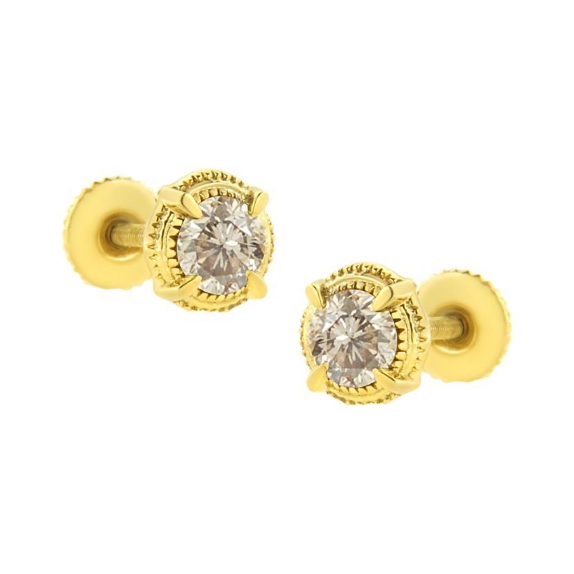 14K Yellow Gold Plated Silver 3/8 Ct Diamond Solitaire Milgrain Stud Earrings