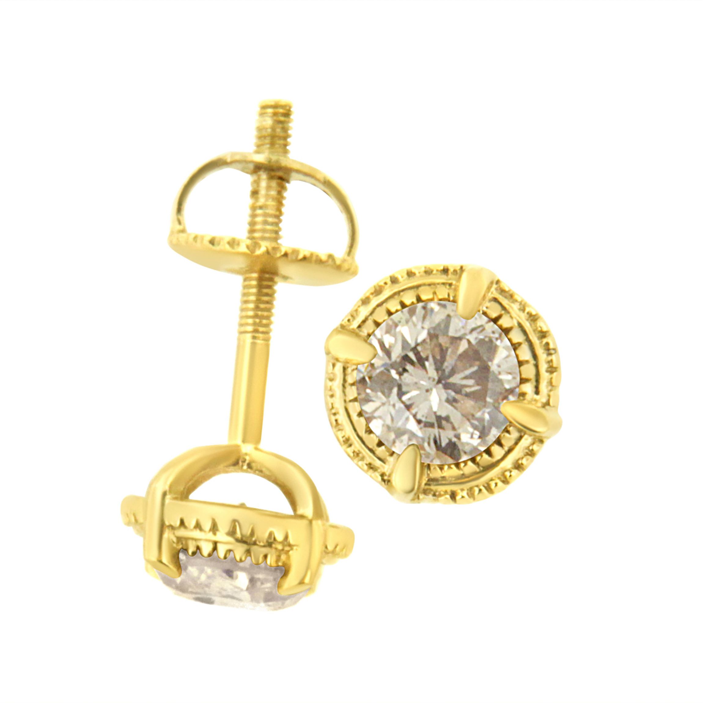 14K Yellow Gold Plated Silver 3/8 Ct Diamond Solitaire Milgrain Stud Earrings