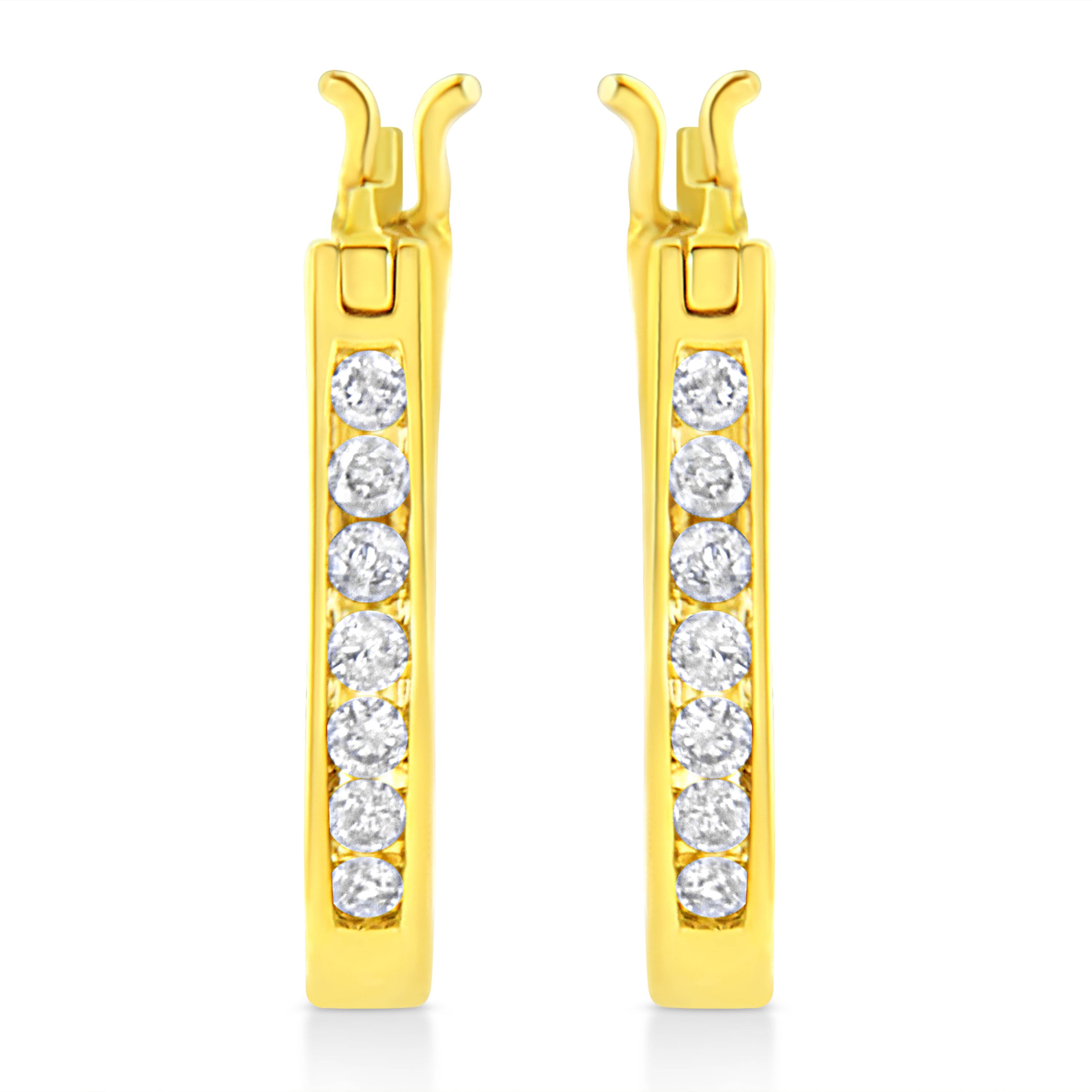14K Yellow Gold Plated Silver 1/4 Ct Diamond Leverback 3/4" Inch Hoop Earrings