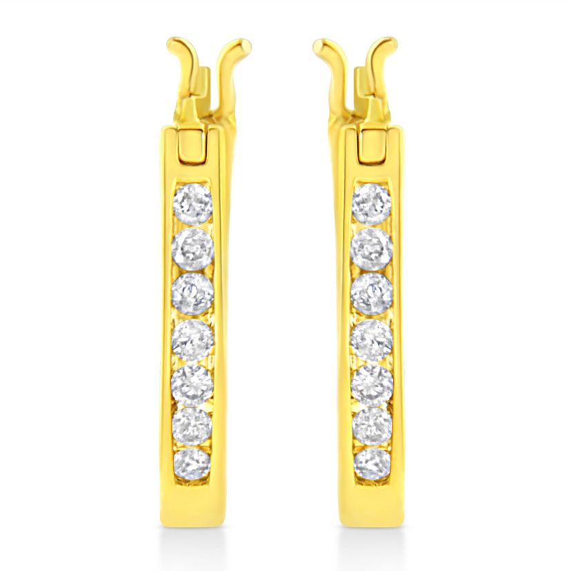 14K Yellow Gold Plated Silver 1/4 Ct Diamond Leverback 3/4" Inch Hoop Earrings