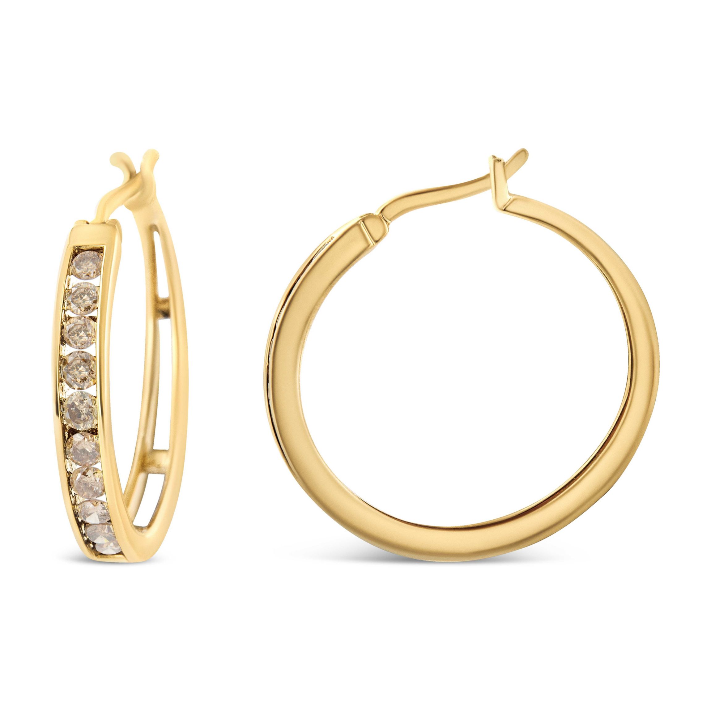 14K Yellow Gold Plated Silver 1.0 CtWt Champagne Diamond Hoop Earrings