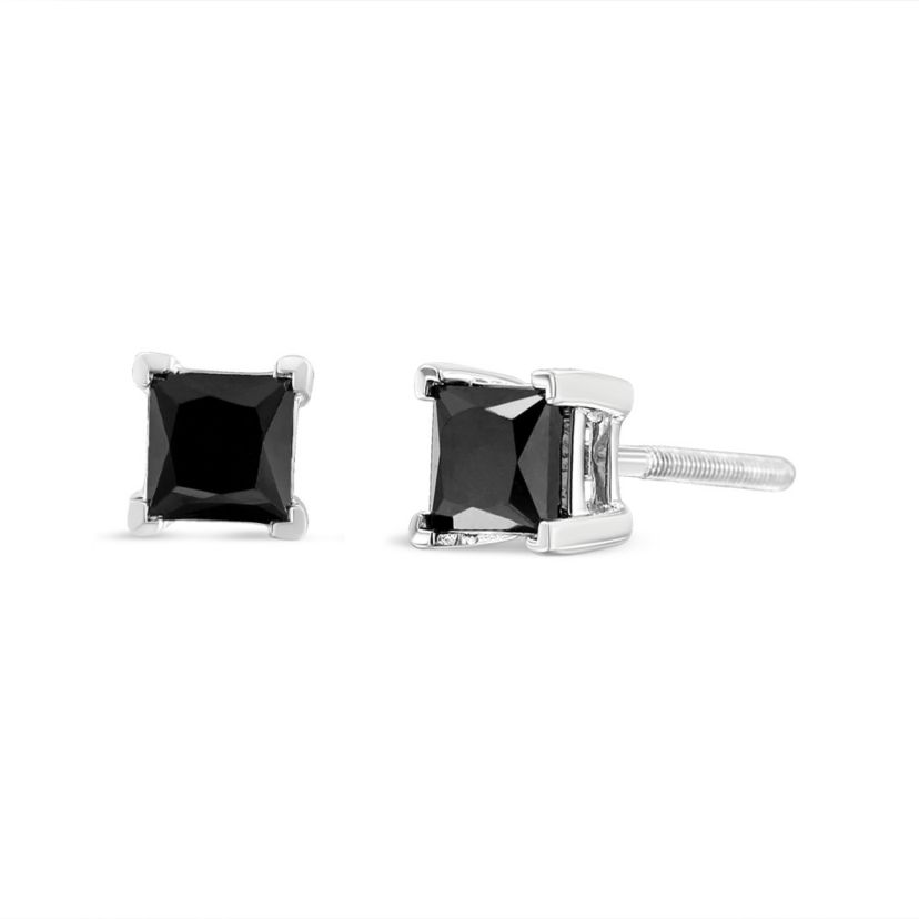 Silver 1/2 Ct Princess Black Diamond Classic Stud Earrings