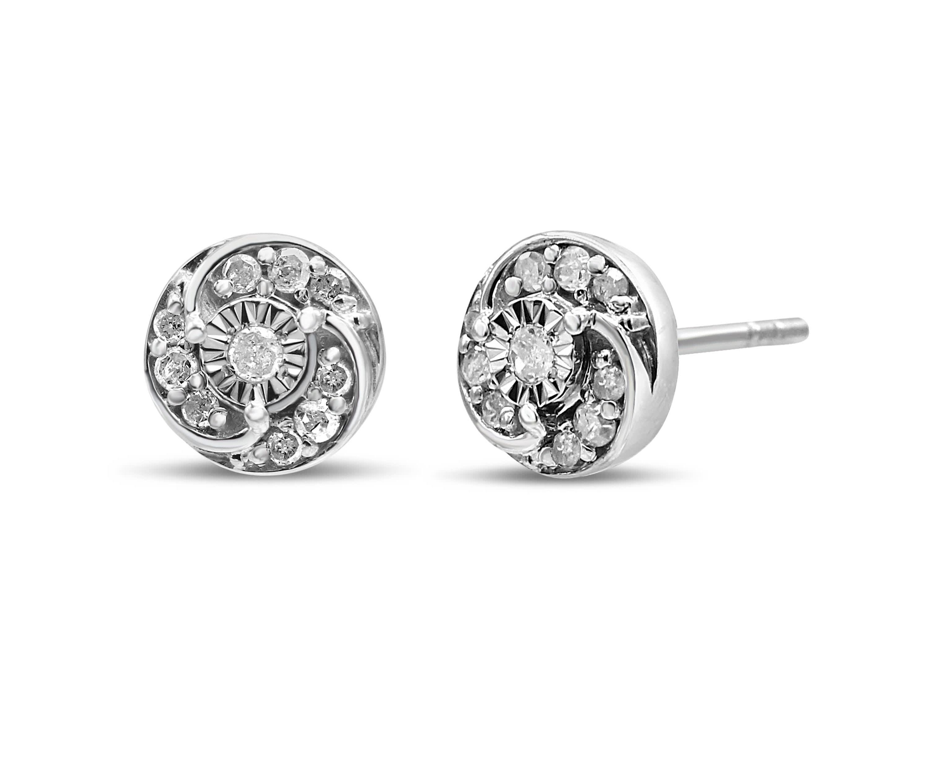Silver 1/4 Ct Round Diamond Spiral Halo Cluster Stud Earrings
