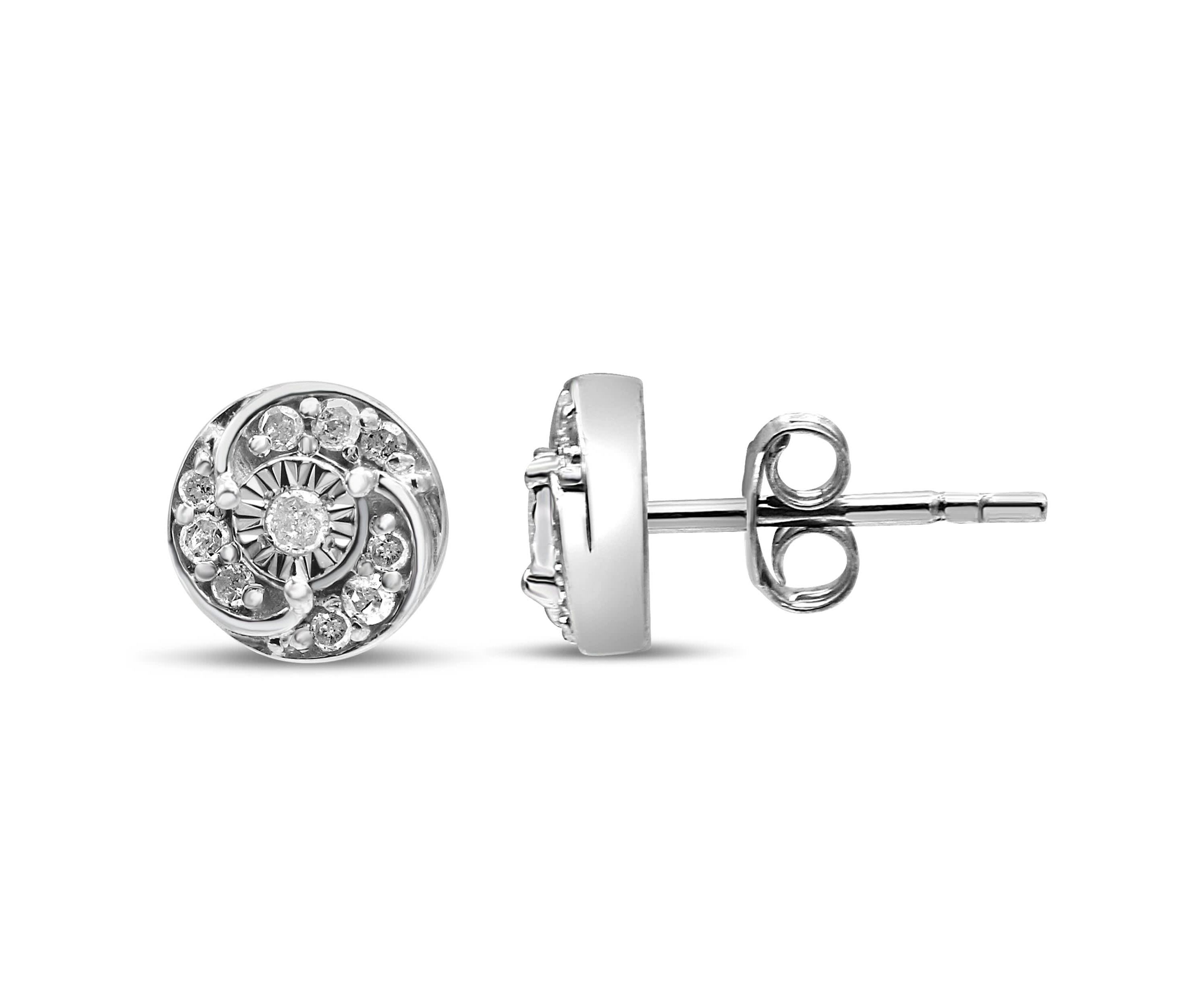 Silver 1/4 Ct Round Diamond Spiral Halo Cluster Stud Earrings