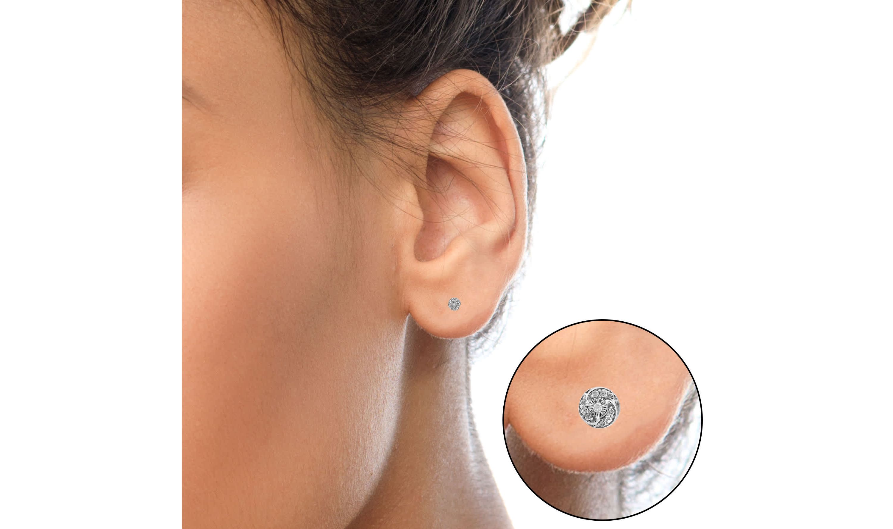 Silver 1/4 Ct Round Diamond Spiral Halo Cluster Stud Earrings