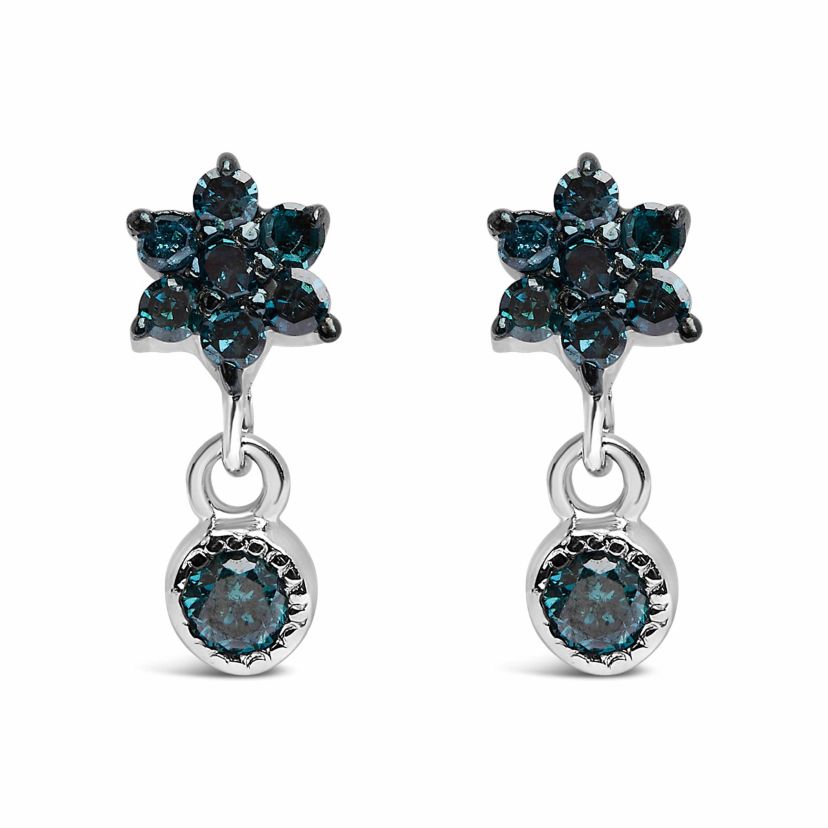 Silver 1/10 Ct Blue Diamond Star Stud with Bezel Drop Dangle Earrings