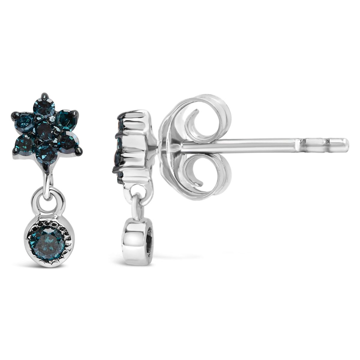 Silver 1/10 Ct Blue Diamond Star Stud with Bezel Drop Dangle Earrings