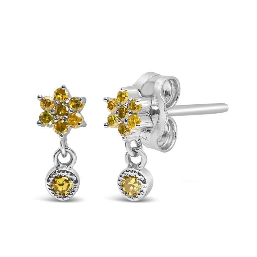 Silver 1/10 Ct Yellow Diamond Star Stud with Bezel Drop Dangle Earrings