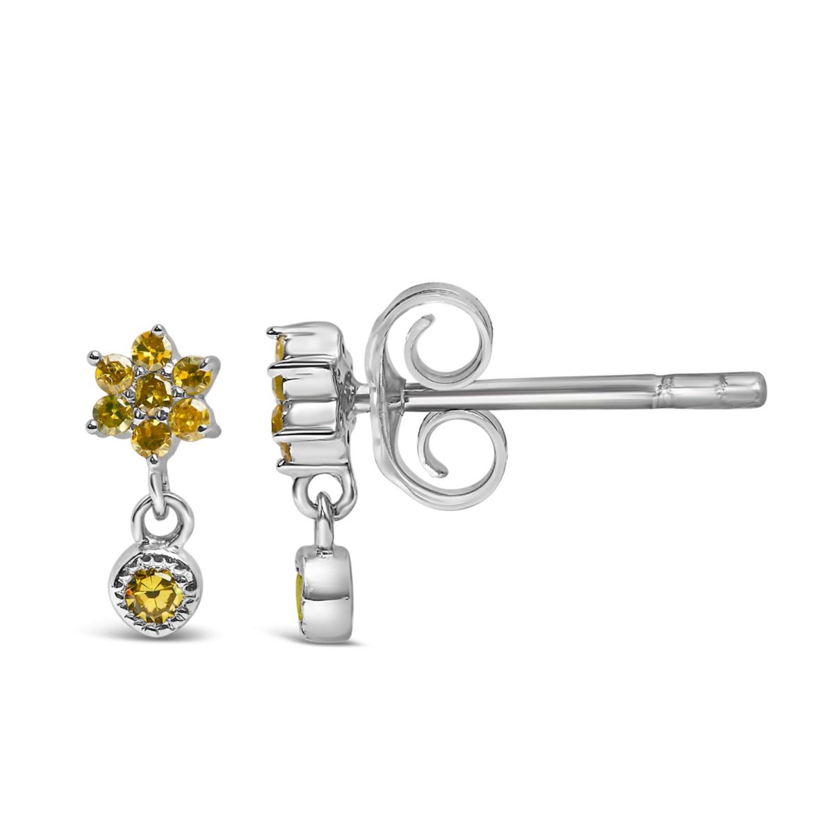 Silver 1/10 Ct Yellow Diamond Star Stud with Bezel Drop Dangle Earrings