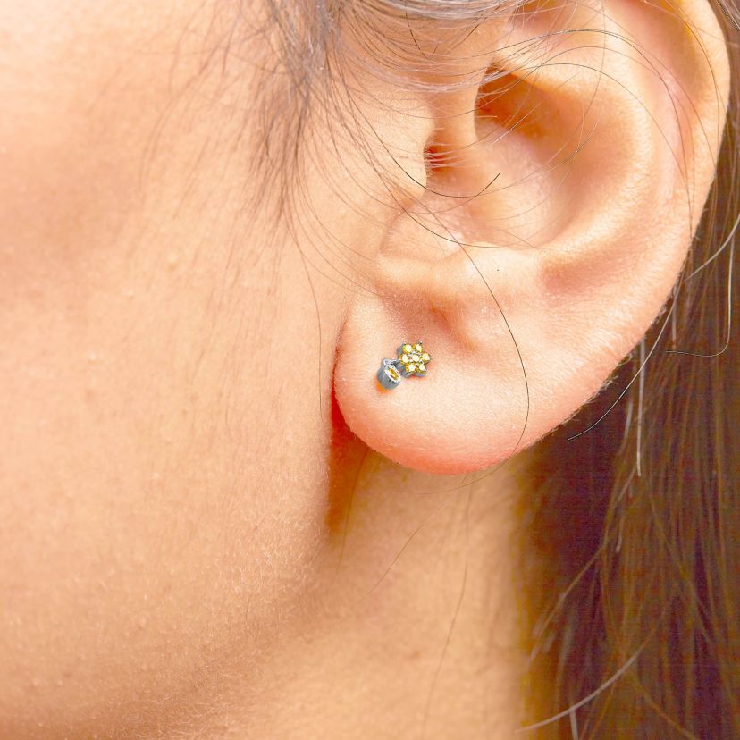 Silver 1/10 Ct Yellow Diamond Star Stud with Bezel Drop Dangle Earrings