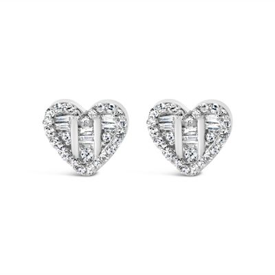 Haus of Brilliance Silver 1/2 Ct Round and Baguette Diamond Composite Heart Shaped Stud Earring