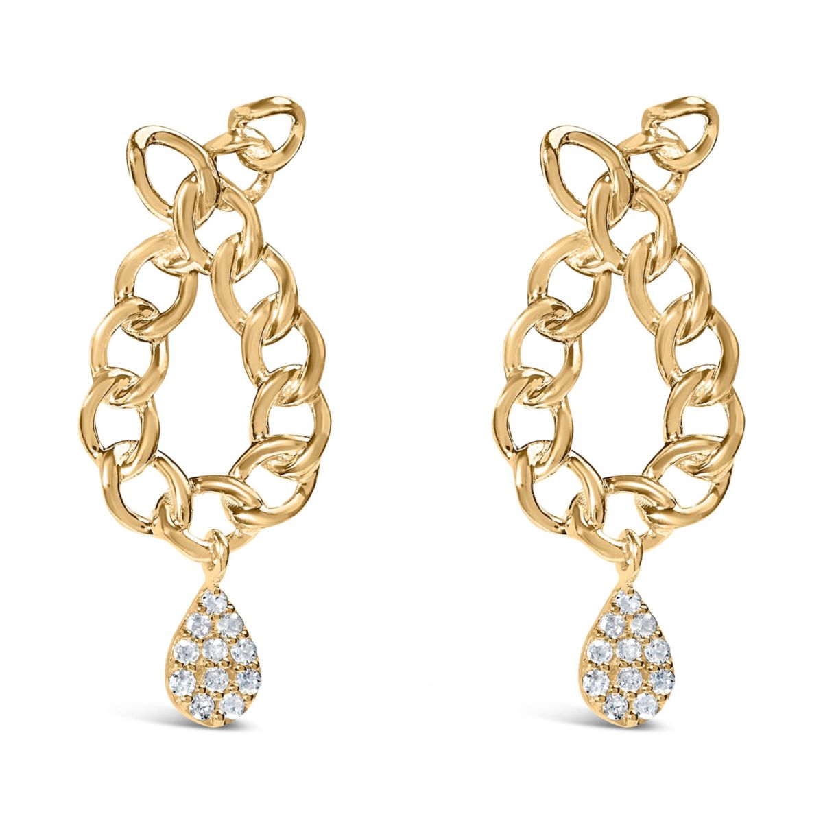 14K Yellow Gold Plated Silver 1/10 Cttw Diamond Chain Link Teardrop Earrings