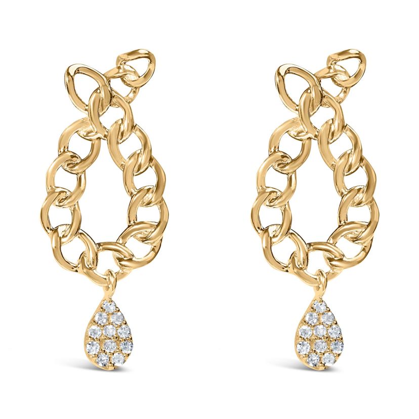14K Yellow Gold Plated Silver 1/10 Cttw Diamond Chain Link Teardrop Earrings