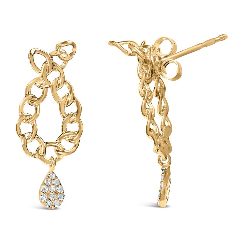 14K Yellow Gold Plated Silver 1/10 Cttw Diamond Chain Link Teardrop Earrings