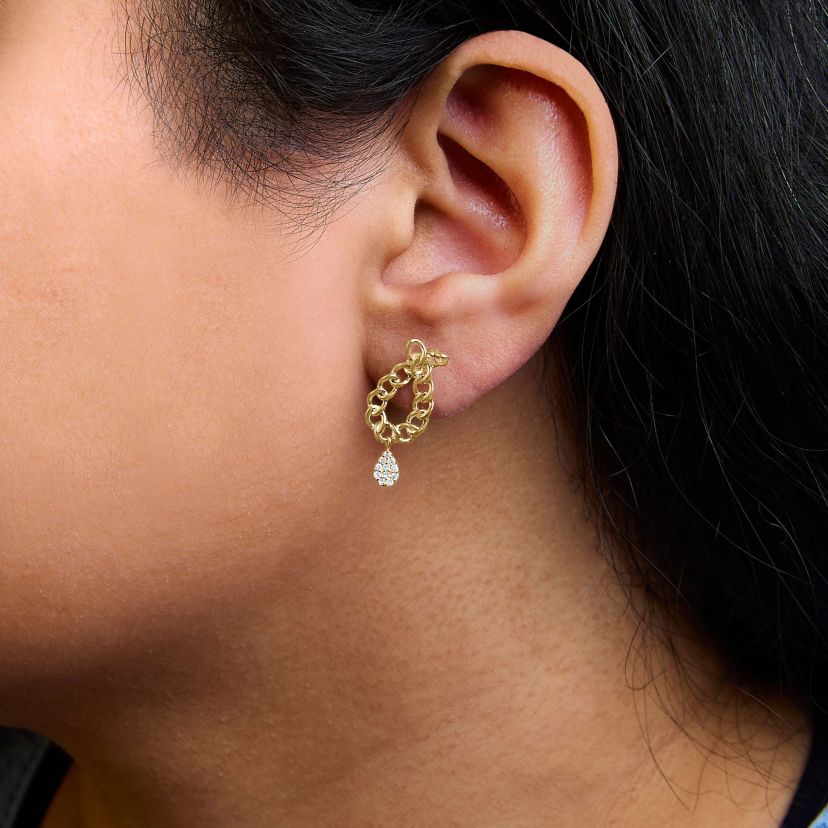 14K Yellow Gold Plated Silver 1/10 Cttw Diamond Chain Link Teardrop Earrings